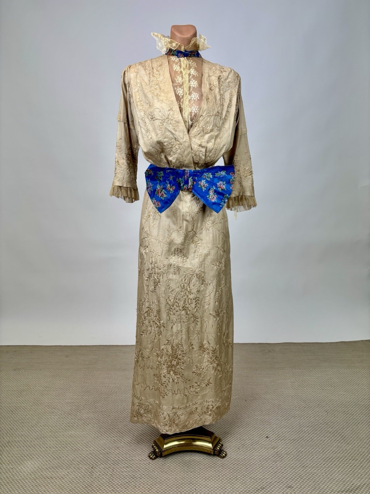 Antique Edwardian 1910s Beige Day Dress Embroidered Lace Bright Blue Floral Belt