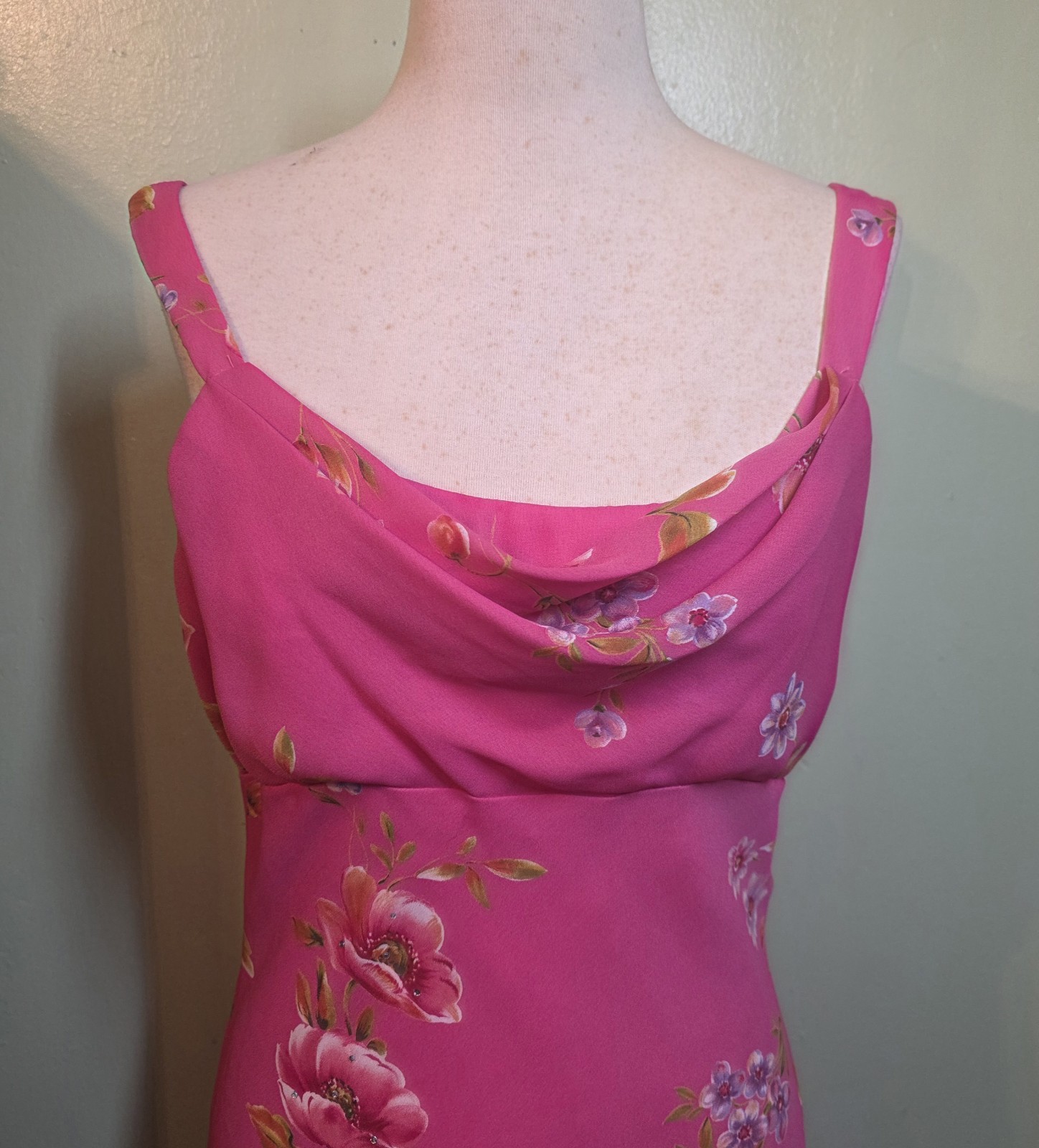Y2K Niki Livas Slip Dress Sz 12 Cowl Neck Shear Overlay Gown Whimsigoth Fairy