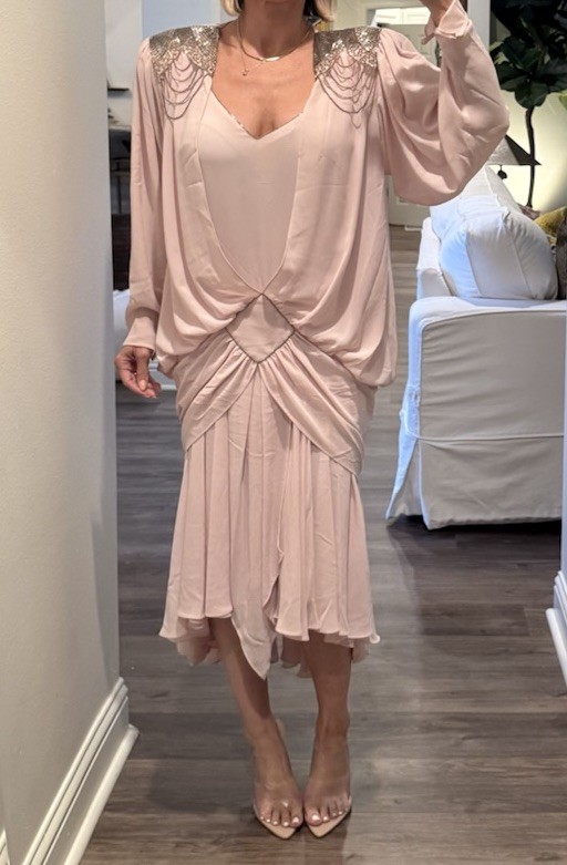 Vintage 1982 Eletra Casadei Blush Pink Chiffon Beaded Dress 80s Golden Girls M