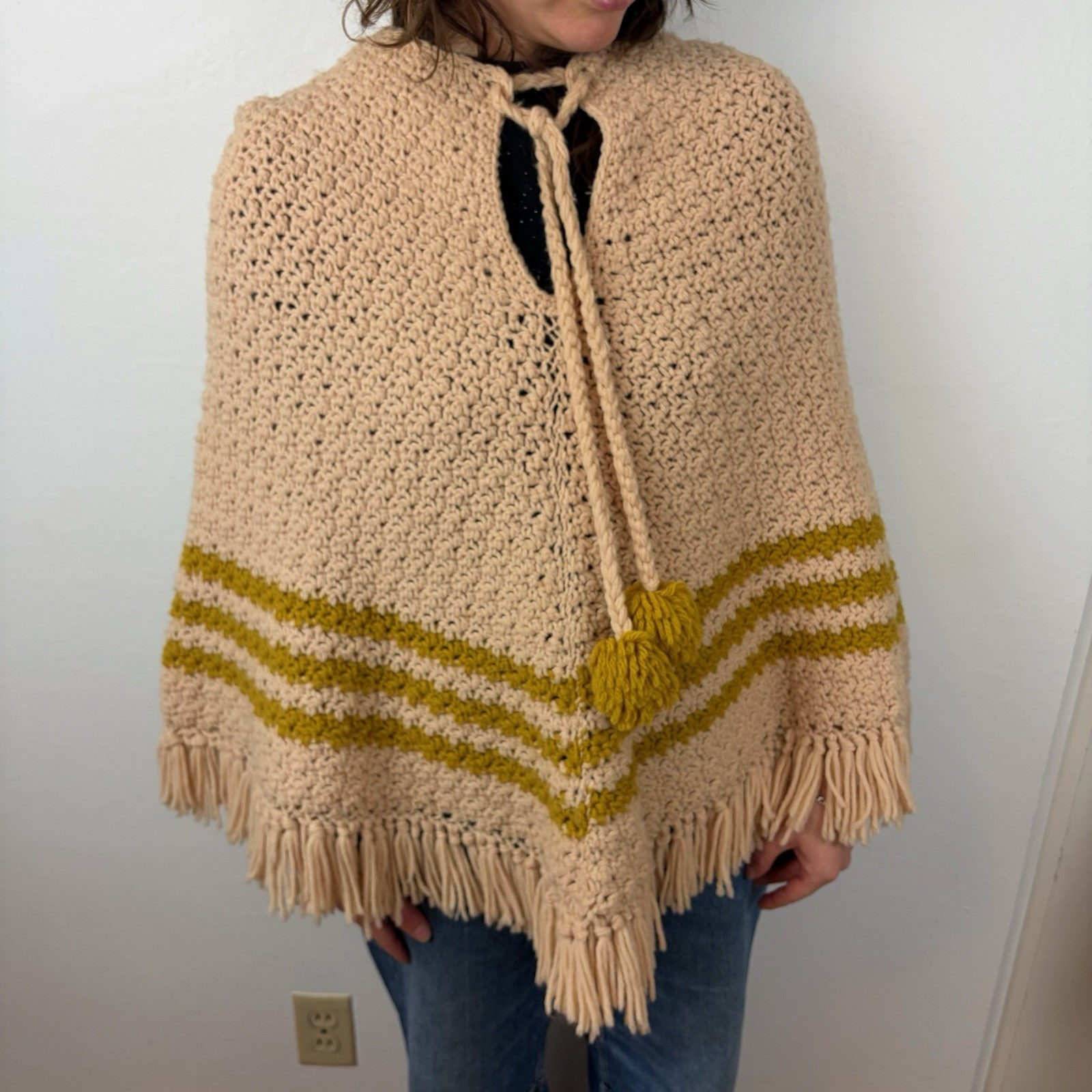 60’s 70’s Knit Crotchet Poncho Yellow Cream Fringe Boho Homemade Handmade