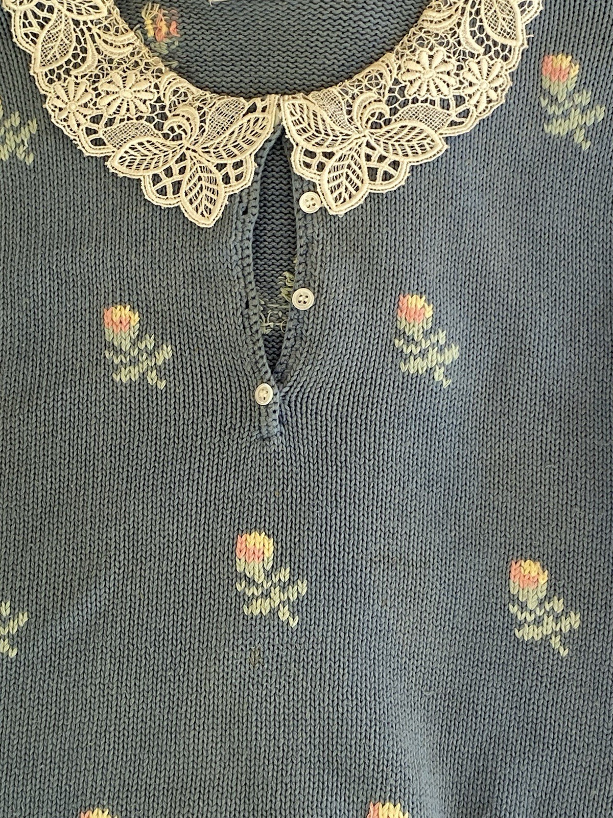 Cambridge Spirit Sweater, Women’s M Blue Floral Lace Grandma Cottage Core Fairy