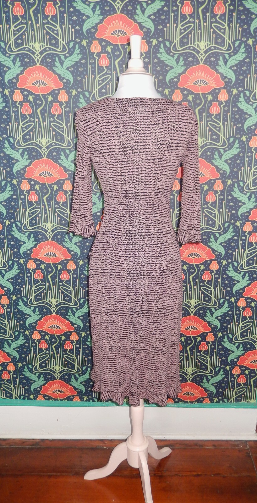 Vintage 90’s Y2K Black Pink Faux Wrap Flounce Ruffle Knit Dress XS