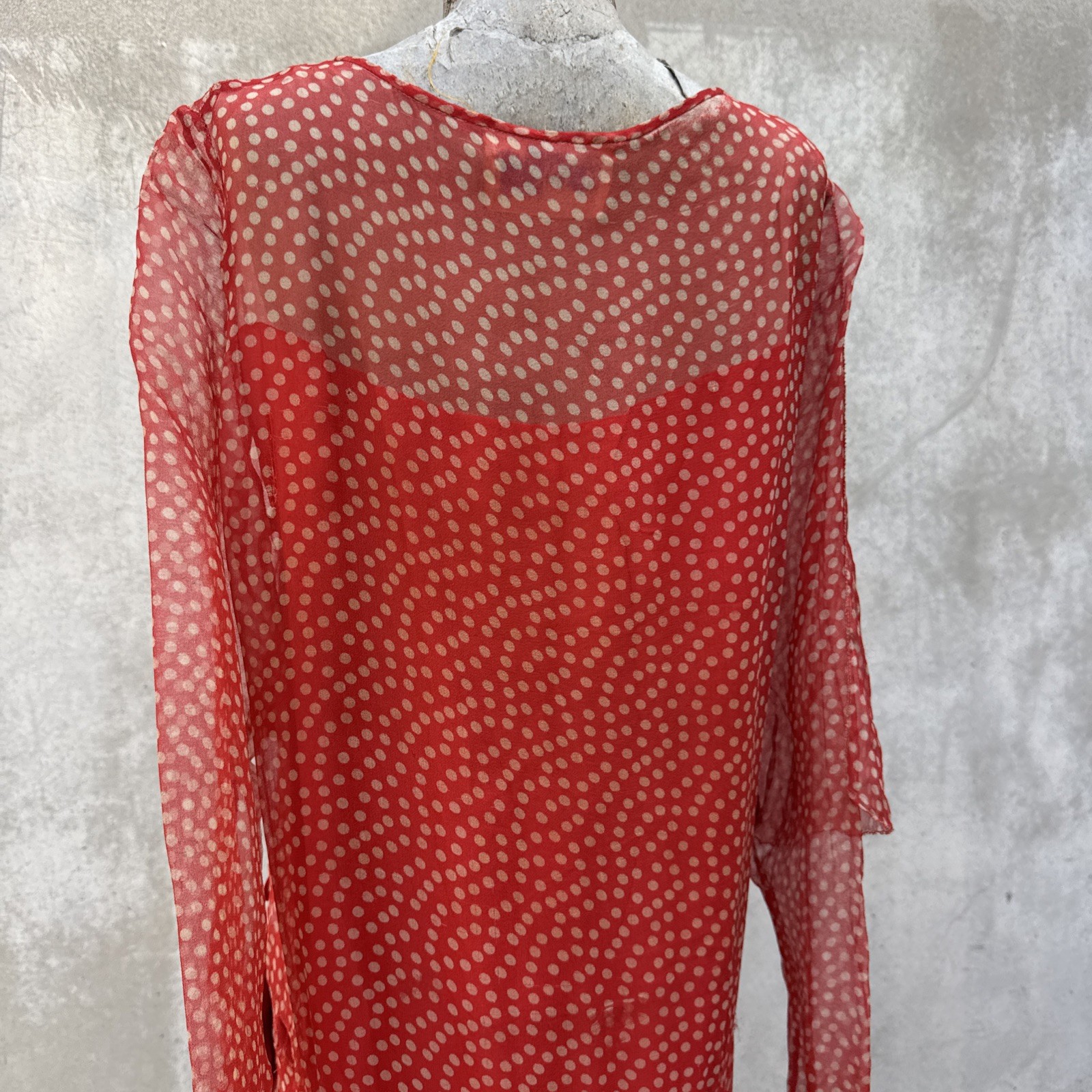 Antique 1920s Red Silk Chiffon Dress Polka Dot Asymmetrical Bow Marjone Vintage