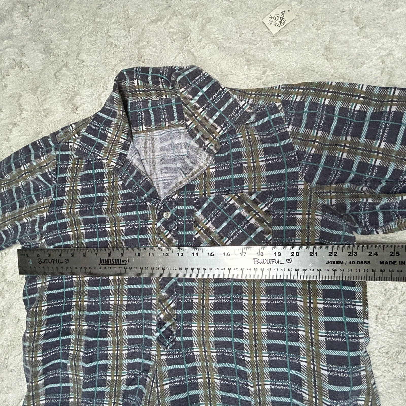 Women’s Vintage European Tunic Half Button Shirt Heavy Cotton Plaid Multicolor