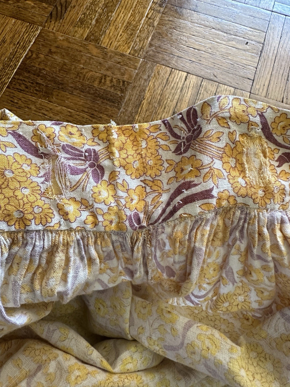 1930s 40s Feed Sack Skirt 28” Waist Yellow Floral Bows Fabric Cotton Prairie VTG