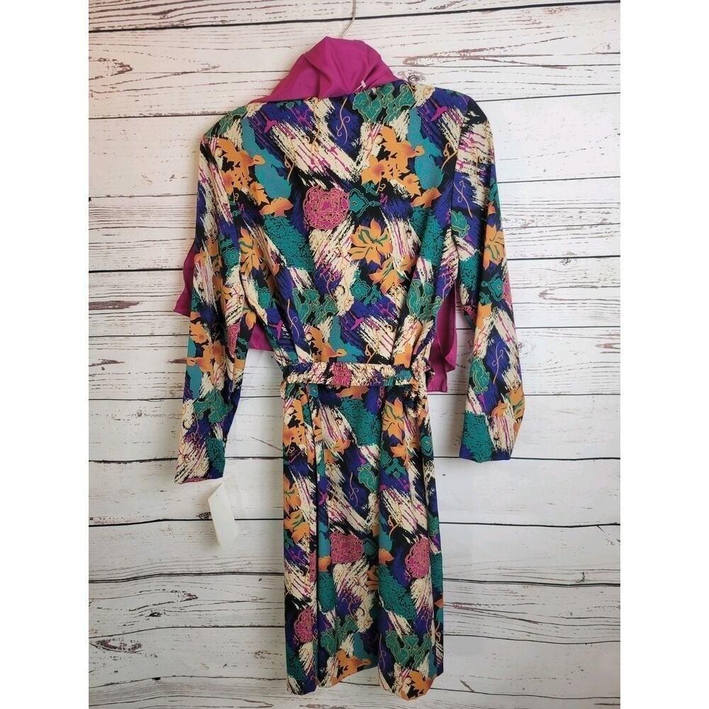 VTG NOS EJM 80s Abstract Floral Scarf Belted Dress Multicolor sz 6 Petite