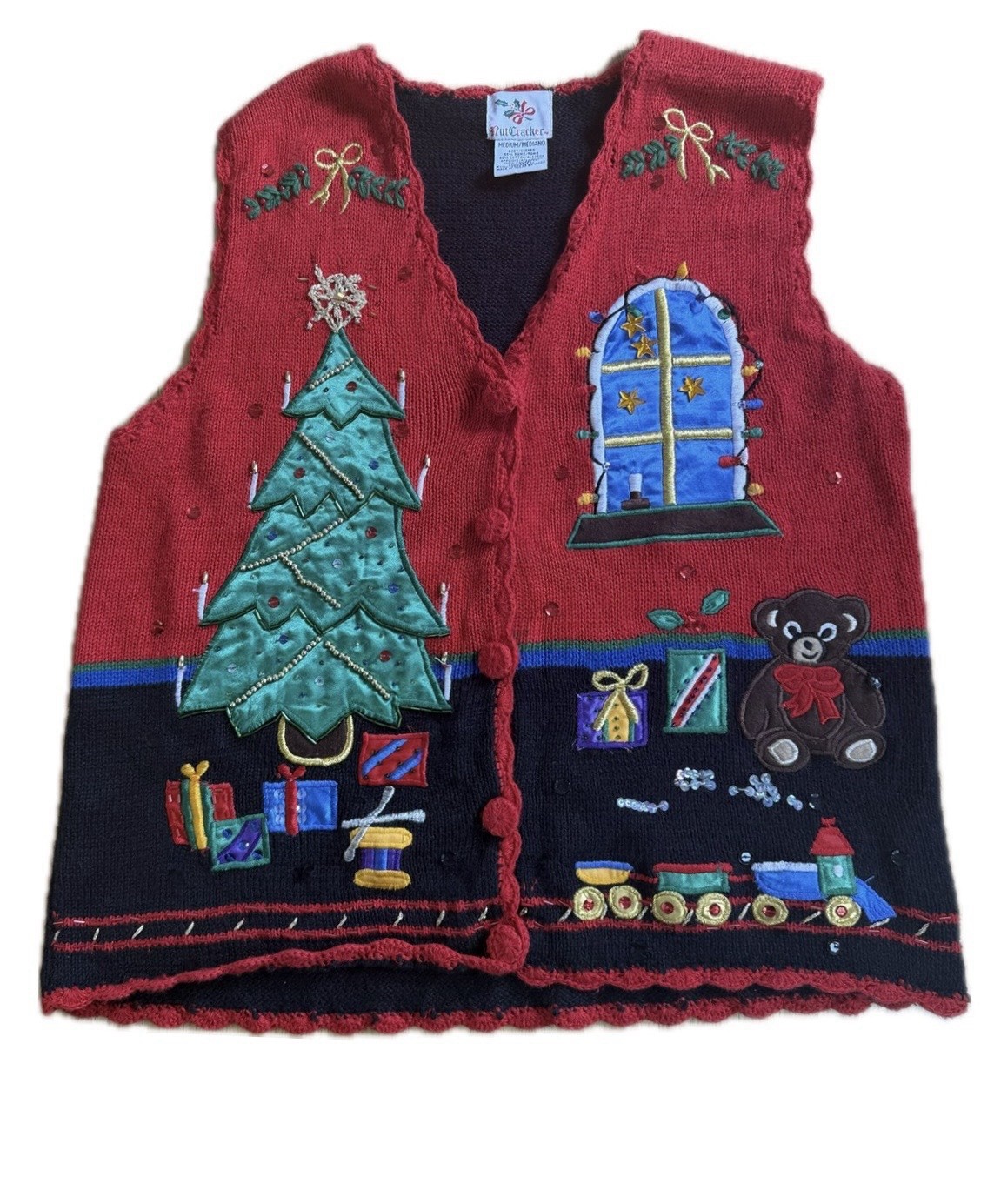 NUTCRACKER VTG Embroidered Christmas Sweater Vest M Teddy/Tree Appliqué 90’s