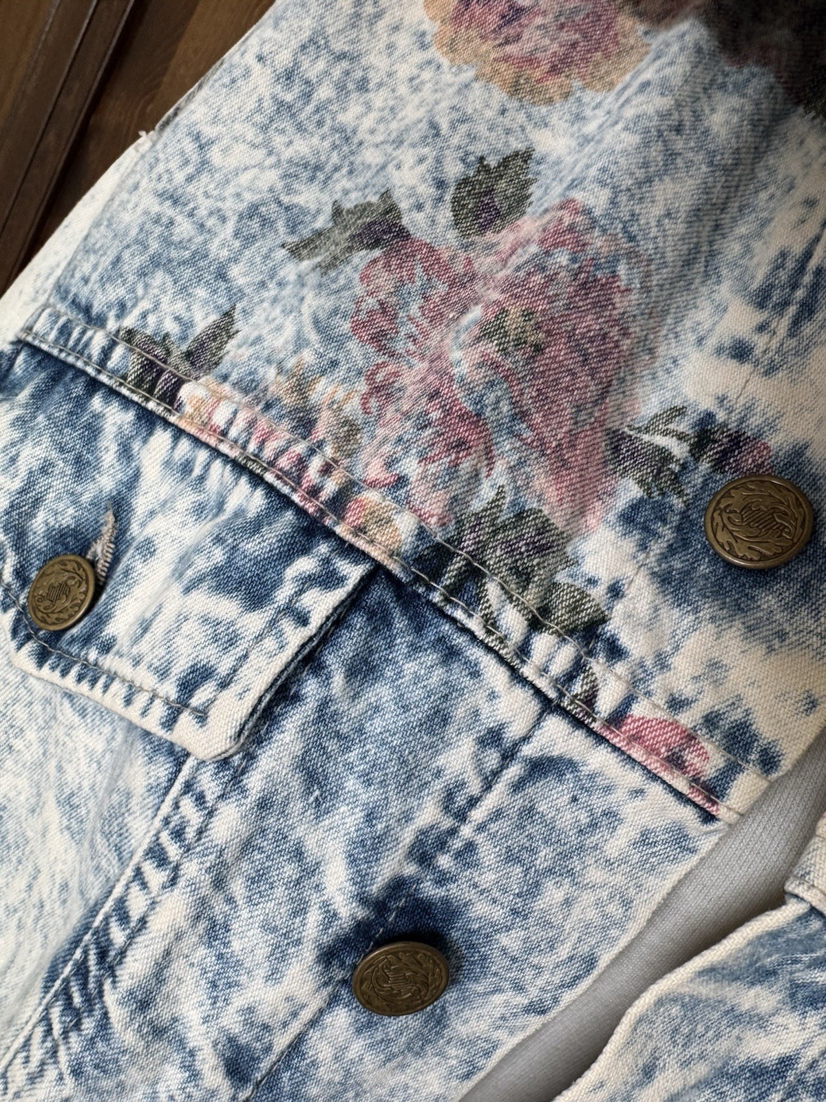 VTG 80s Bonjour International Acid Wash Denim Jacket Floral Oversized USA M – XL