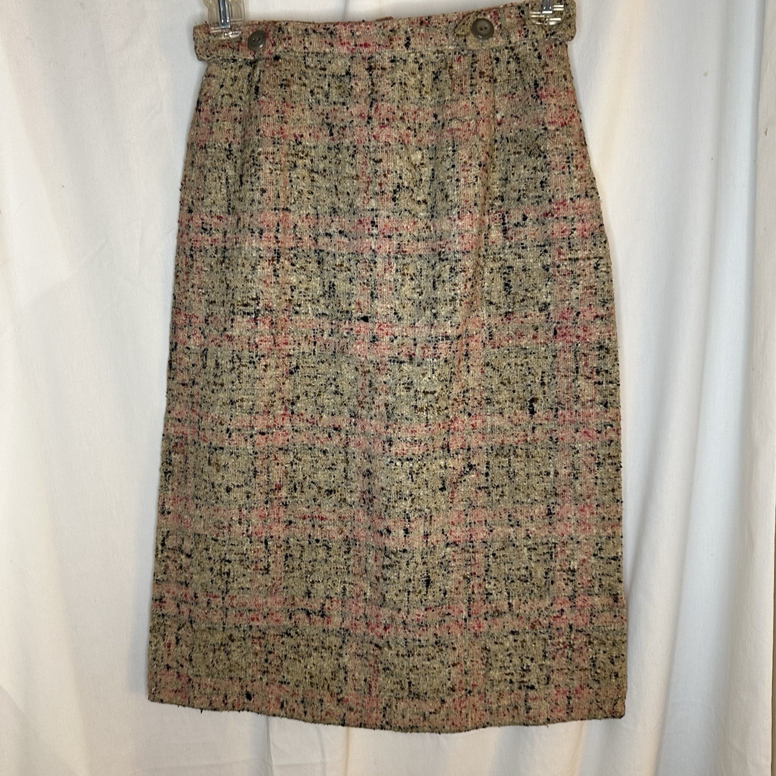 Vintage Tweed Wool Pencil Skirt Multicolor Pink Black Ladies Garment Union Label