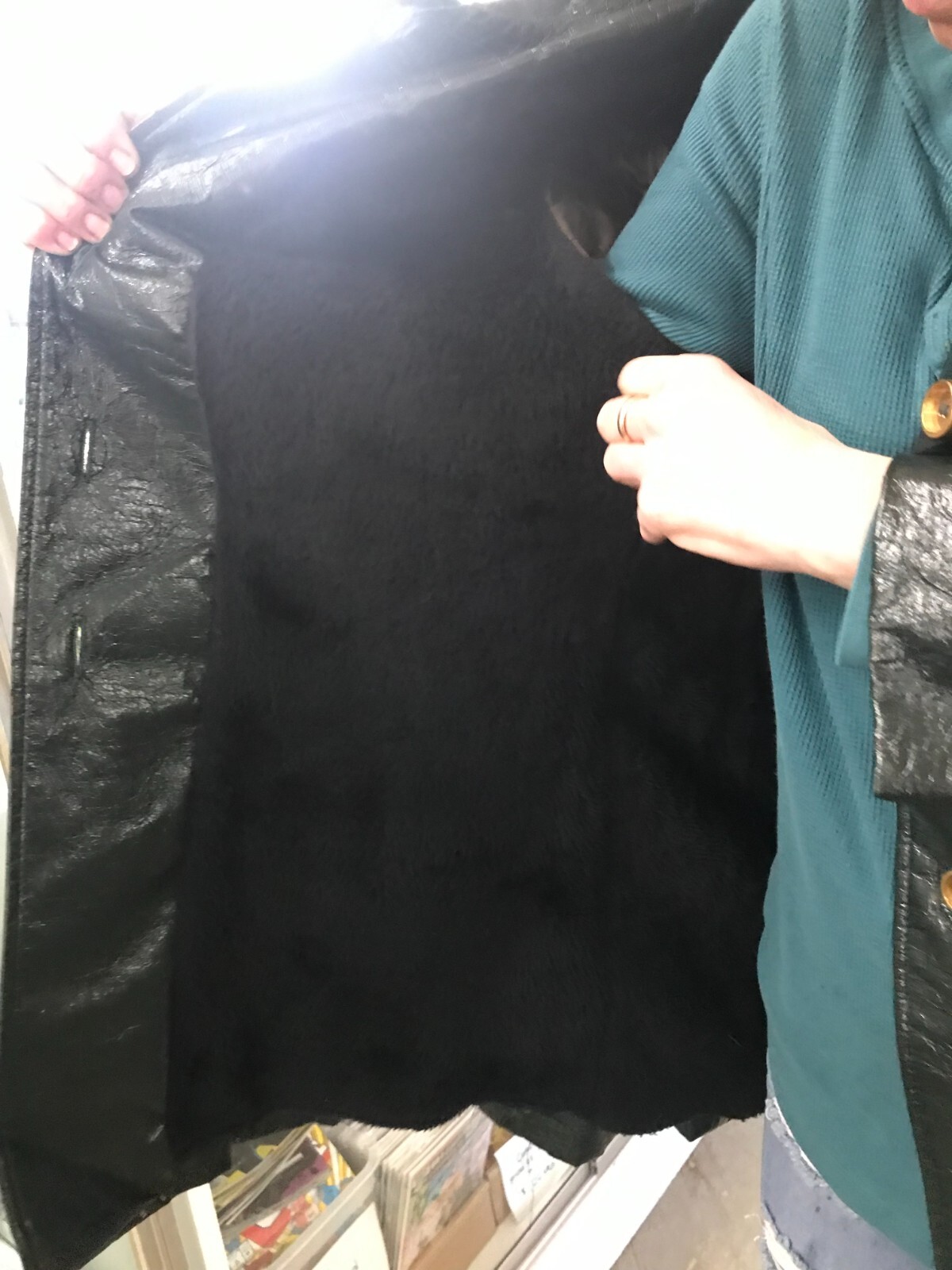 Vtg Swingles by Character MCM 70s Hippie Black Crinkle Pleather Jacket Coat Med