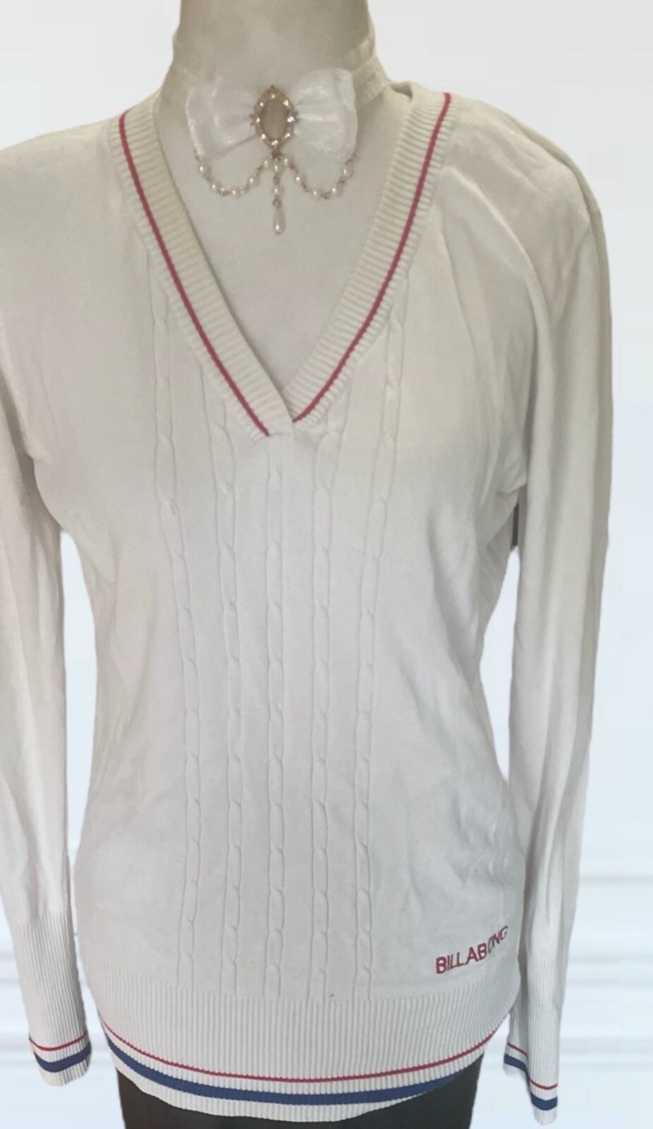 Vintage Cricket Sweater BILLABONG V Neck Long Sleeve Preppy Tennis White Polo L