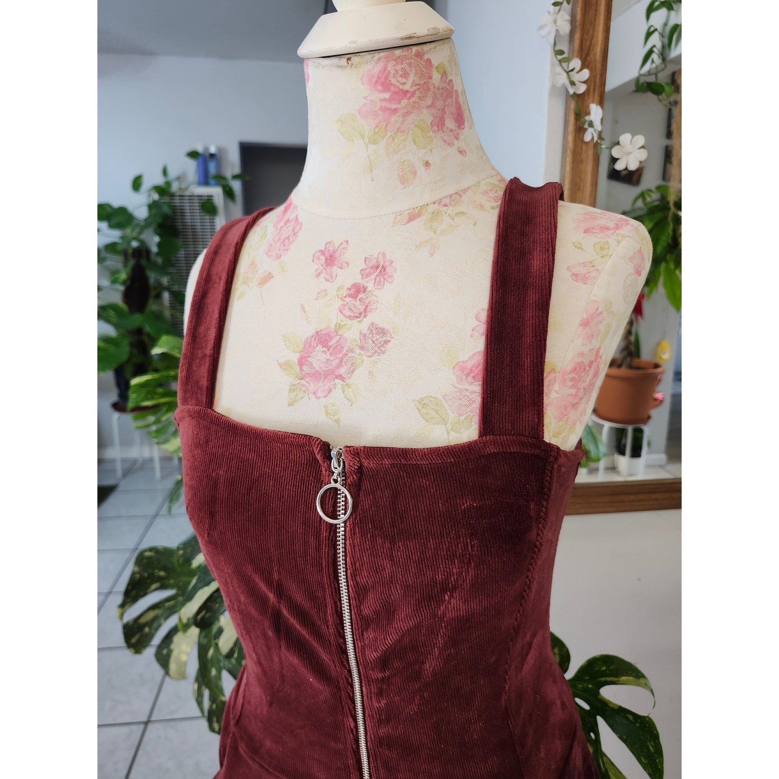 Heart Hips Burgundy Corduroy Zip Front Pinafore Dress Small Y2K Grunge Academia