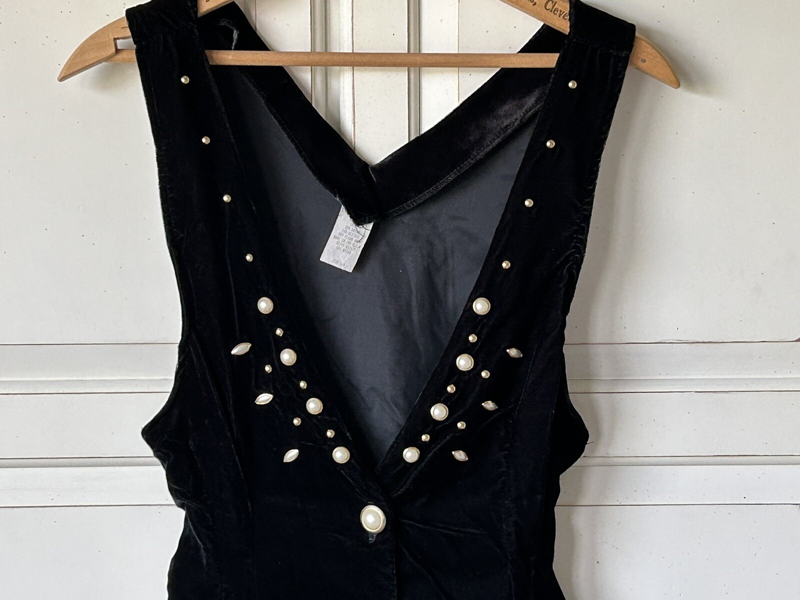 Vintage 1980s/90s XTRMZ Black Crushed Velvet Faux Pearl Buttons Sexy Dress 5/6
