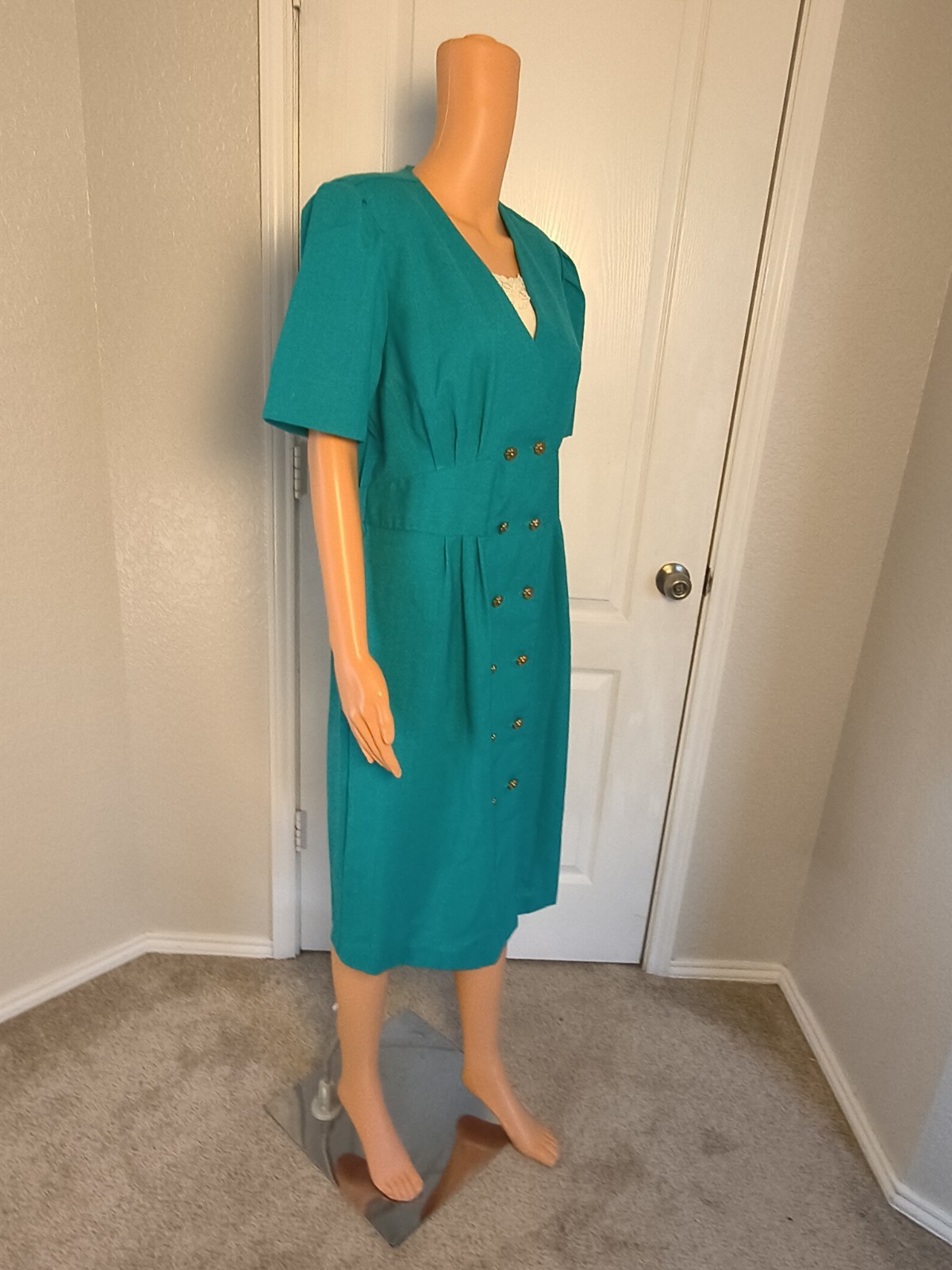 Vintage 90s Pleated Pencil Dress Teal Size 16 Midlength Preppy Stretch Waist P41