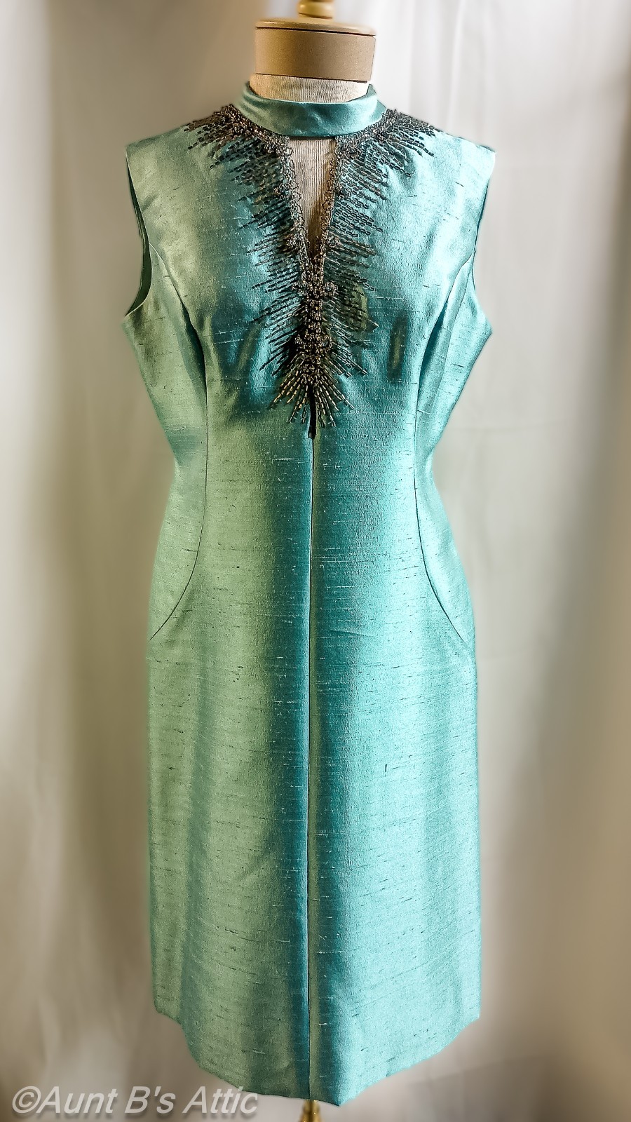 Vintage 60’s Aqua Shantung Silk Sleeveless Shift Dress With Beaded Neckline Med