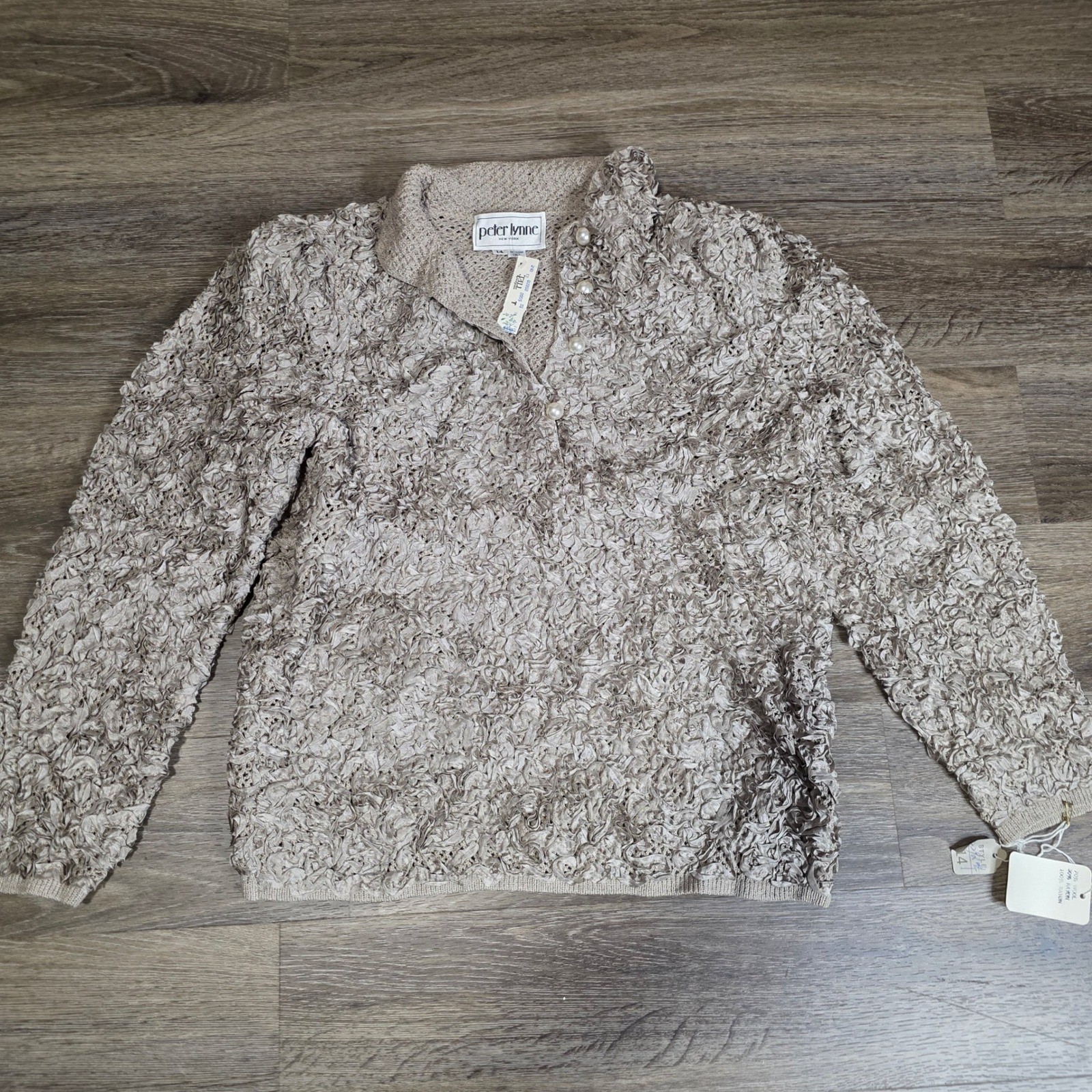 Peter Lynne Womens 14 Sweater Champagne Ribbon Knit Pearl Button Vintage 2292T