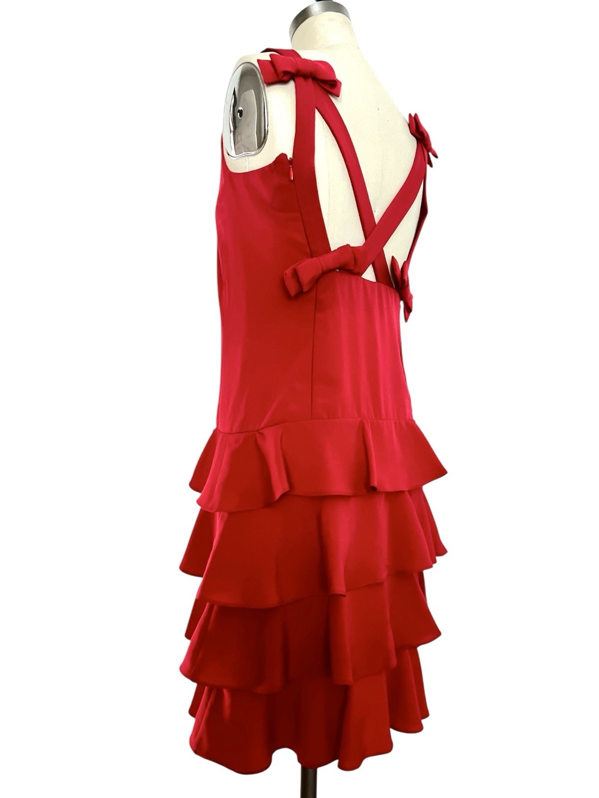 VTG Martin Ross 80s/90s Sz 4 XS/S Red Coquette Shift Dress Ruffle Bows Open Back