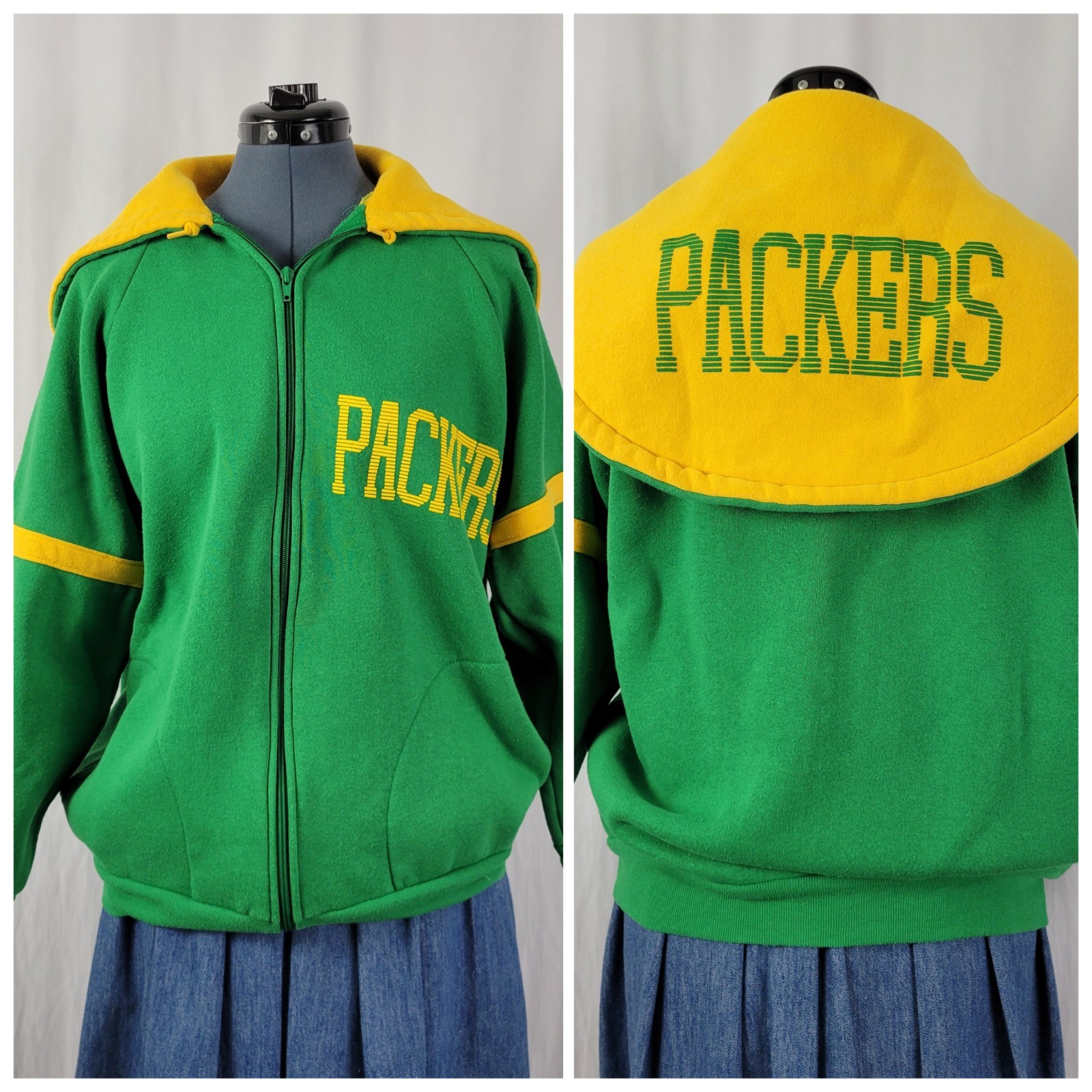 Vtg Pro Star Sports Green & Gold Packers Zip Up Hoodie Size Youth XL (Adult SM)