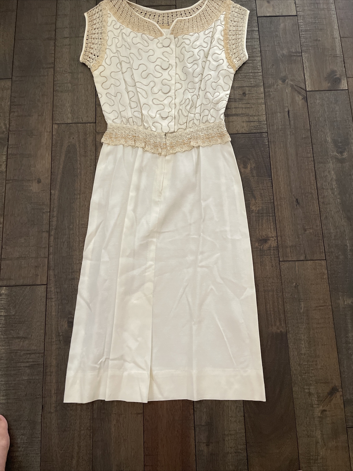 Vintage Paul Sachs Original Dress cream & gold accent fitted button back
