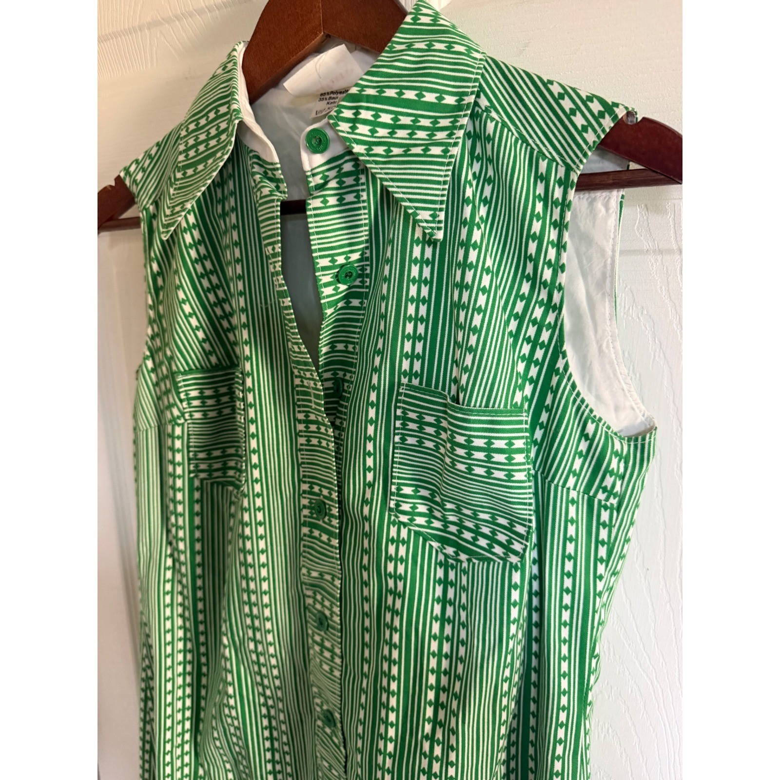 Vintage Wibor Green White Geometric Stripe Sleeveless Shift Shirt Dress 38 70s