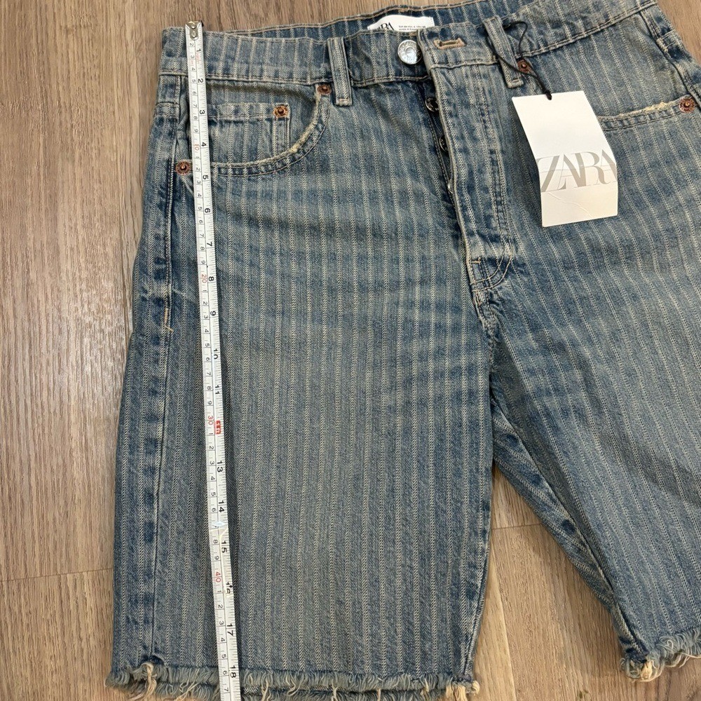 Zara Women’s Mid Rise Bermuda Length Retro Cycling Blue Denim Shorts