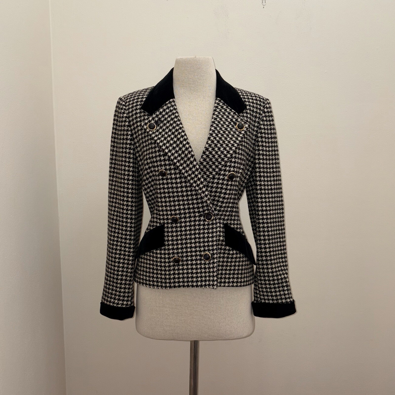 Vintage 80s Black/White Wool Houndstooth Double Breasted Blazer Sz S/M Old Money