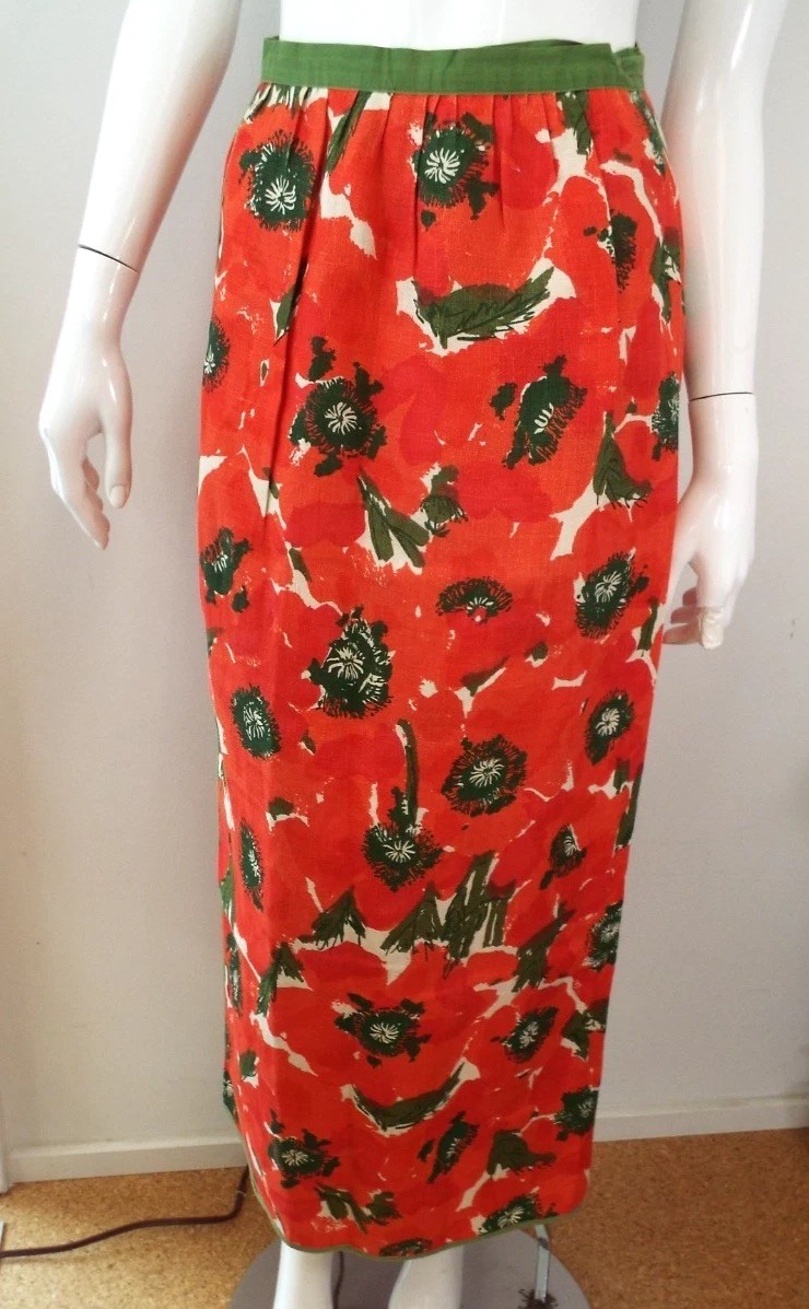 VTG Vera Neumann Cotten Linen Hostess Wrap Skirt PERFECT Poppy Red Green Floral
