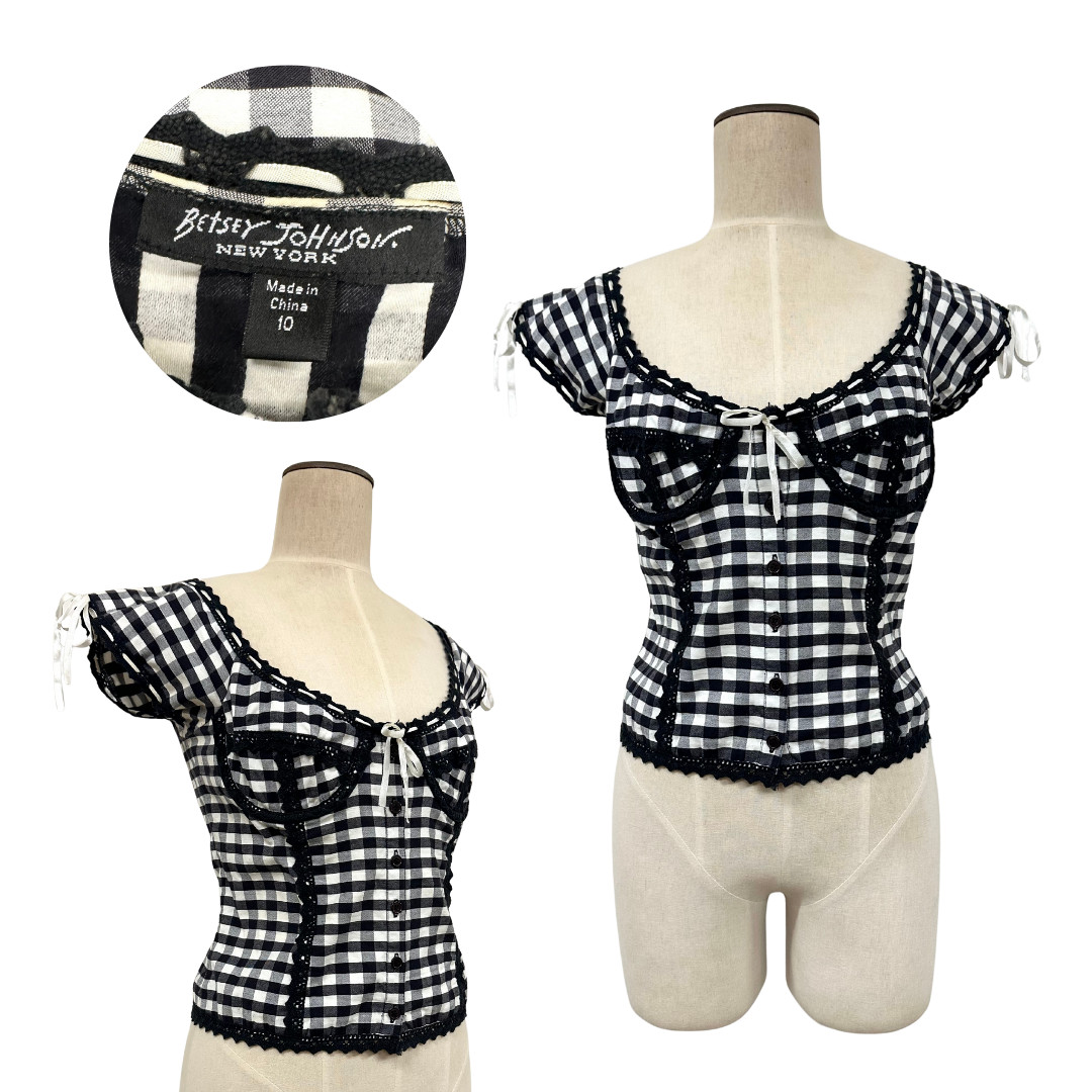 Vintage Y2K Betsey Johnson New York Black & White Gingham Bustier Blouse Sz 10
