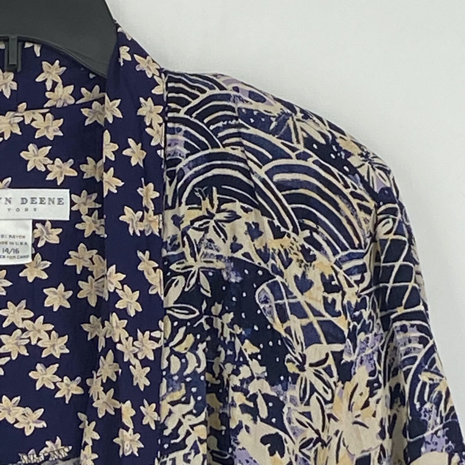 Kathryn Deene Women 14 16 Blazer Jacket Navy Beige Floral 100% Rayon USA Vintage