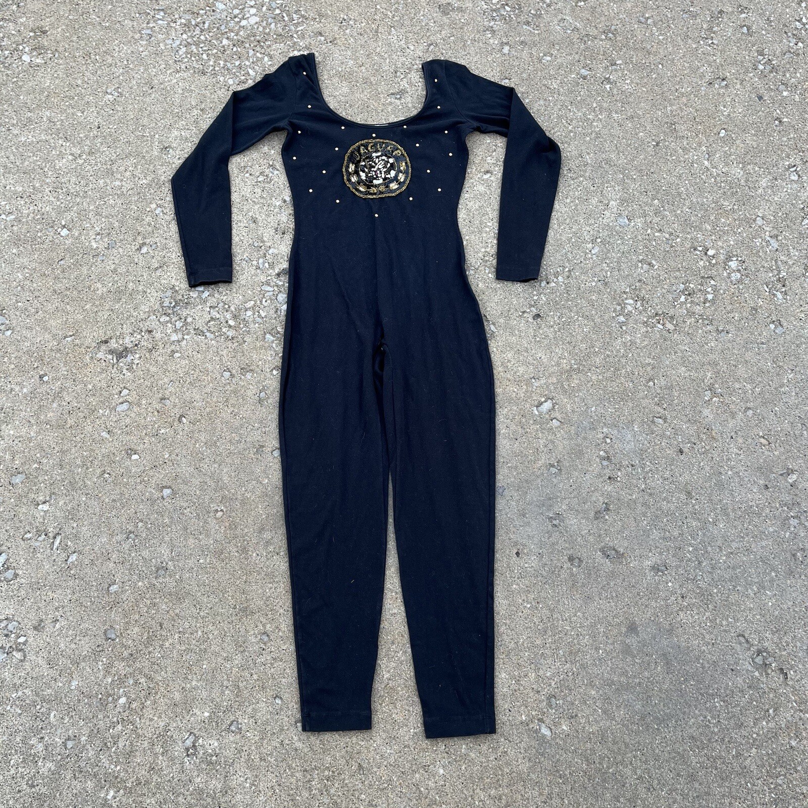 Sequin Body Suit Knit 80s 90s Jaguar Car Logo Unitard Sz L St Tropez To LA Black