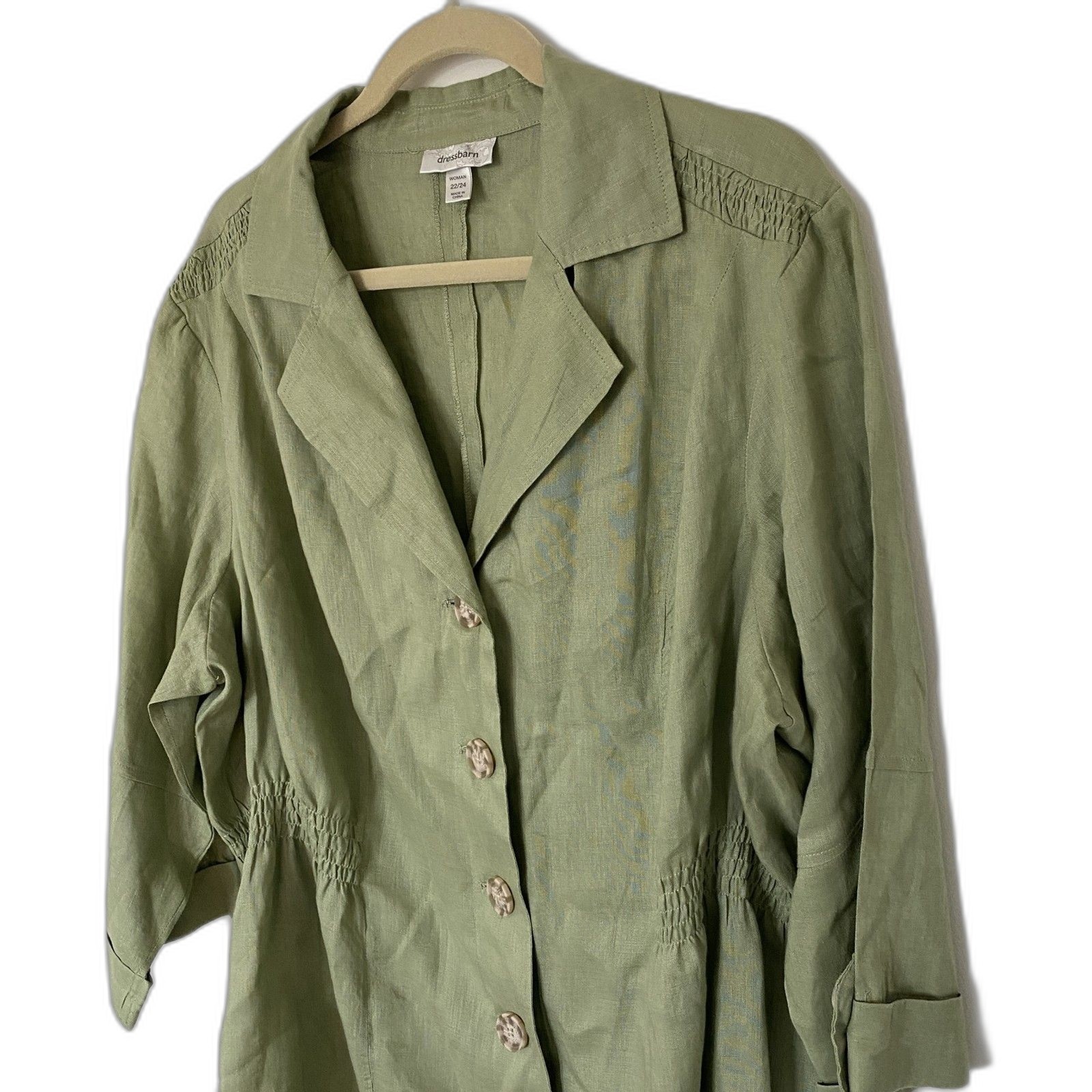 Dressbarn Linen Safari Jacket Green 3/4 Sleeve Button Lightweight Sz 22/24