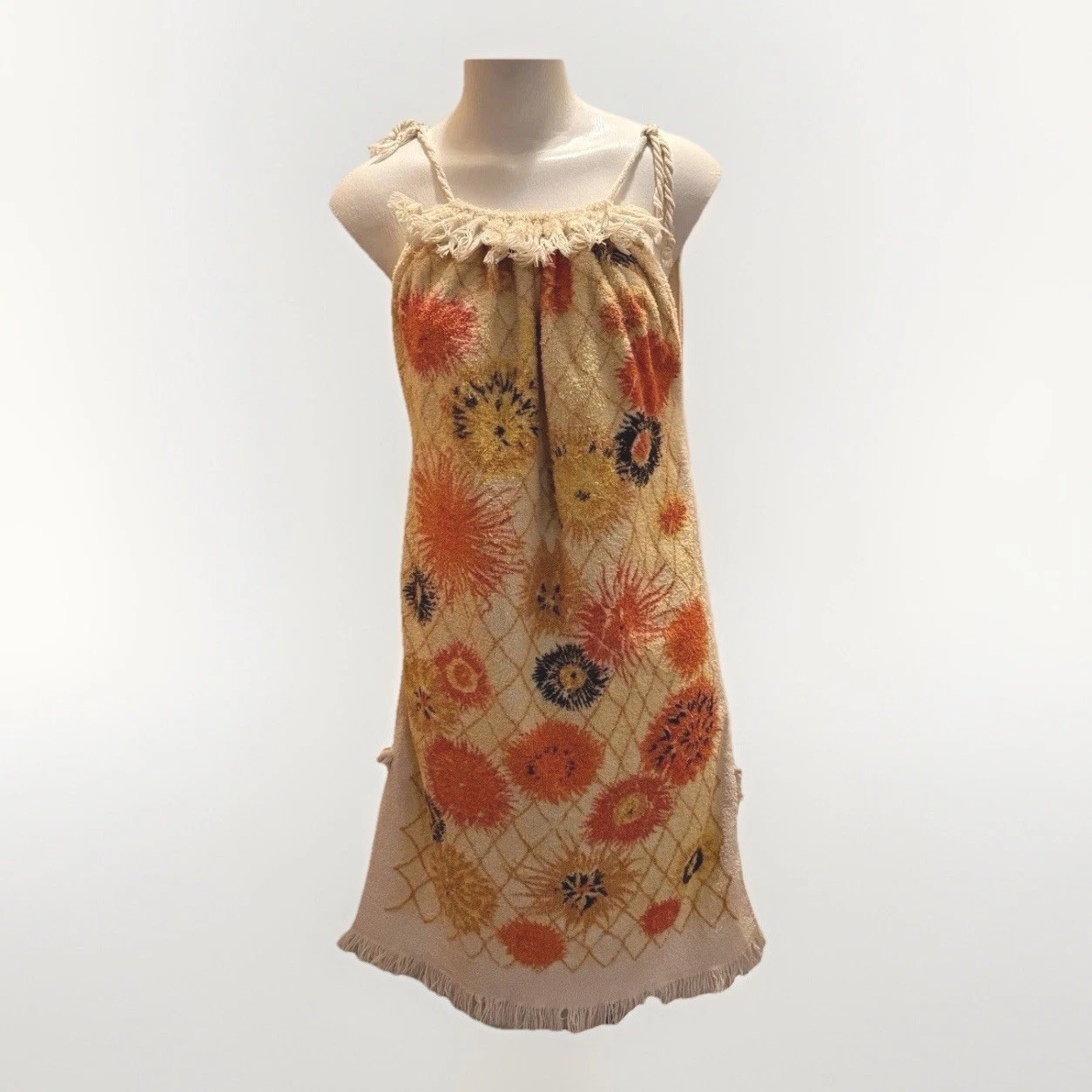 Vtg Terry Cloth Towel Dress Cotton Swim Beach Cover Up Flowers Fringe S/M Cannon