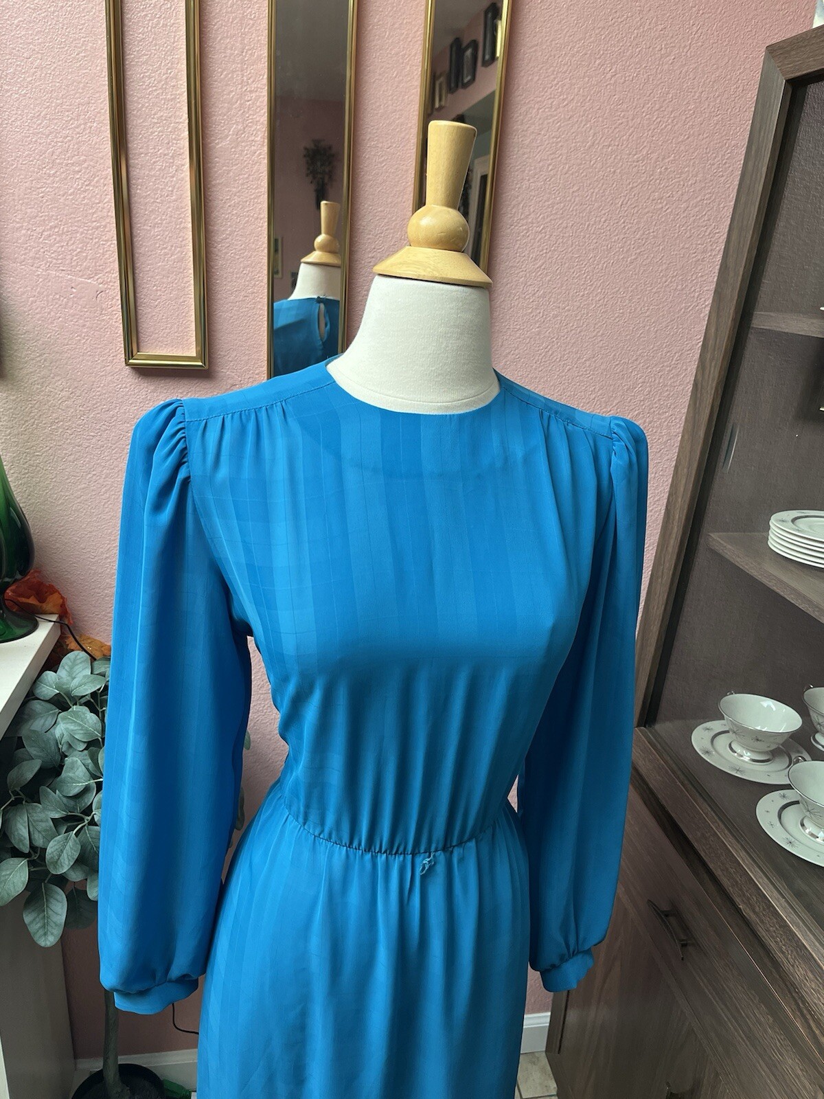 80s Vintage Alison Peter’s Gingham Light Blue Dress | Size L