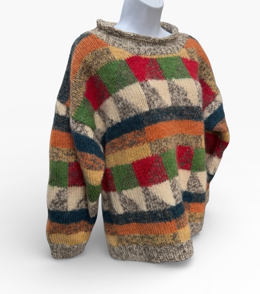 Vtg Patchwork Wool Knit Sweater L/XL Chunky Fuzzy Oversized Multicolor Bright