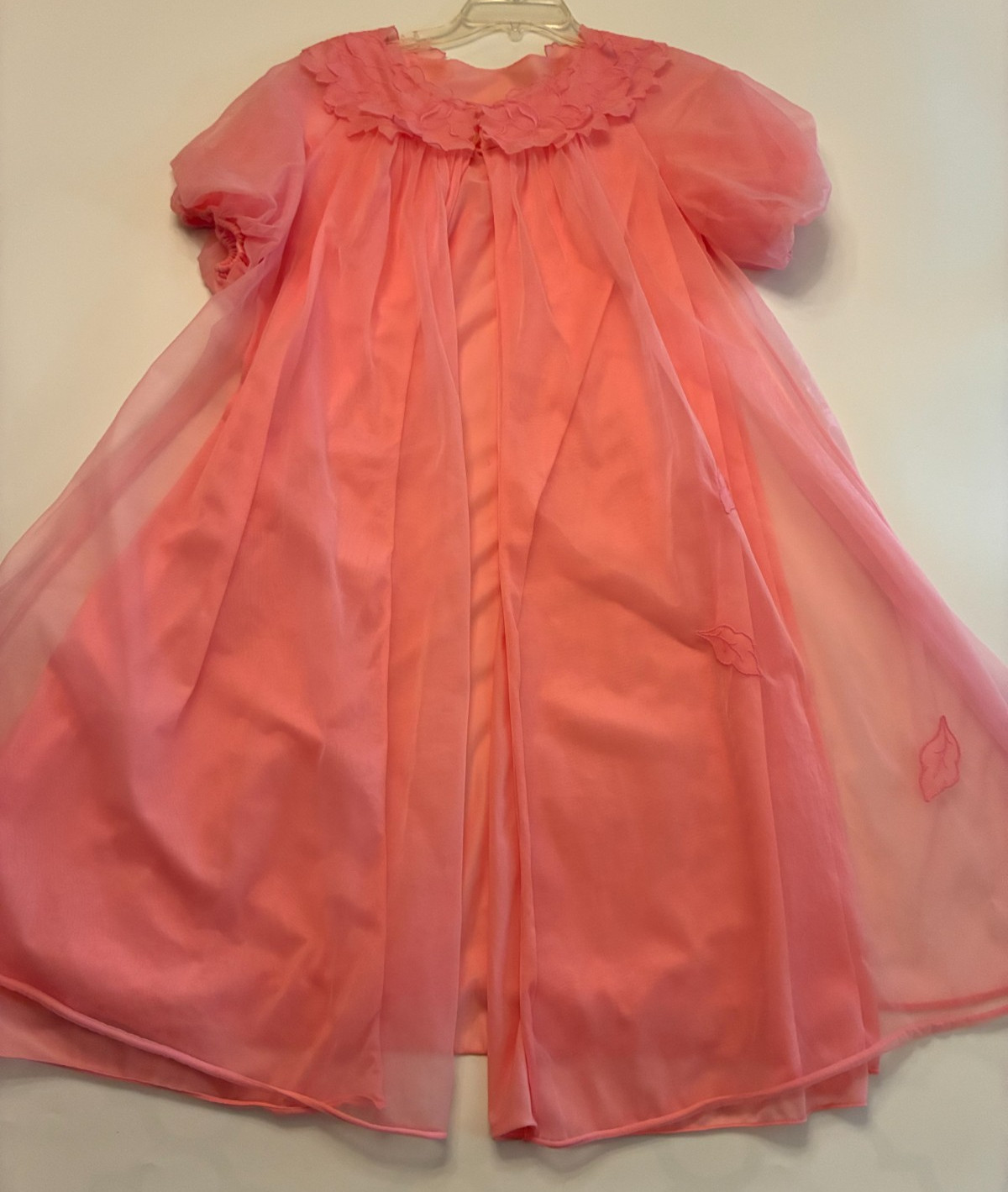 Vintage 50s LAROS CHIFFON ROBE Medium PINK Nylon LACE Leaf Applique Babydoll