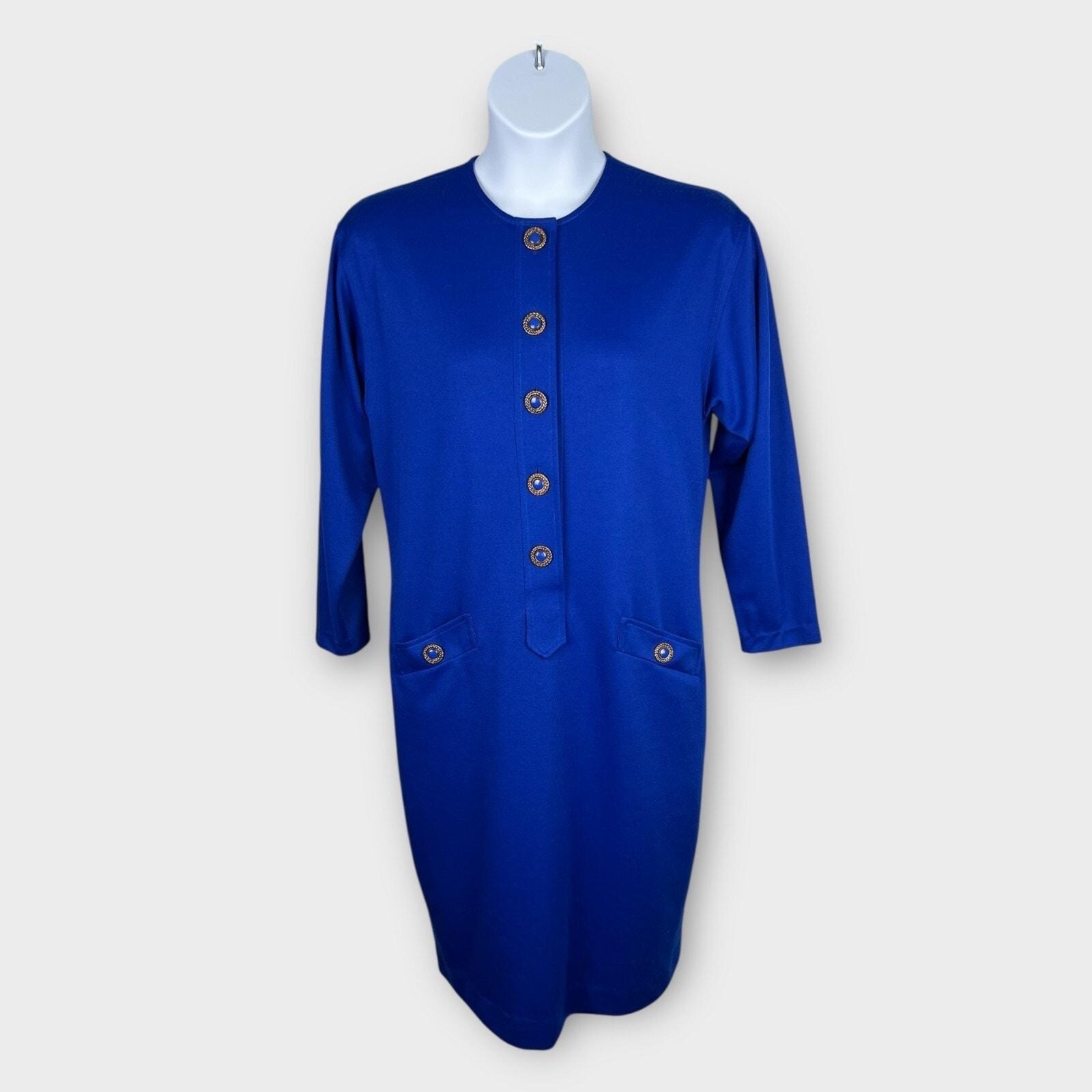 Brownstone Studio Knit Shift Dress Vintage Mod Professional Blue Polyester 14
