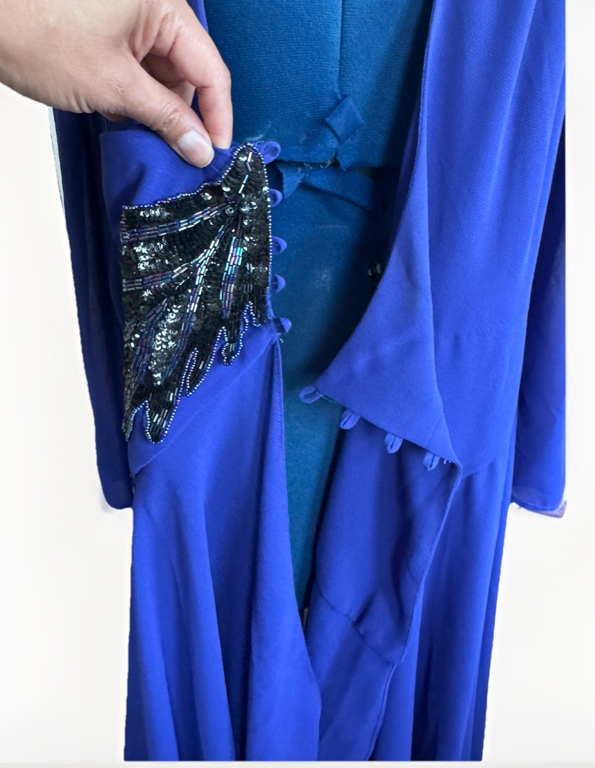 Vintage 80s Casadei Blue Long Sleeve Beaded Sequin Waist Fit Flair Midi Dress 10