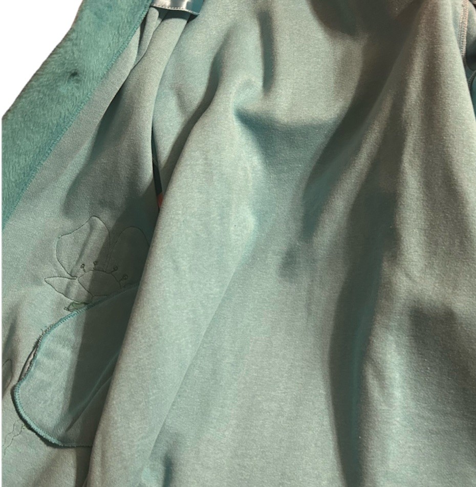 Vtg 1960s Mod Turquoise 100% Cotton Plush Swing Coat Floral Appliqué Jacket L 14