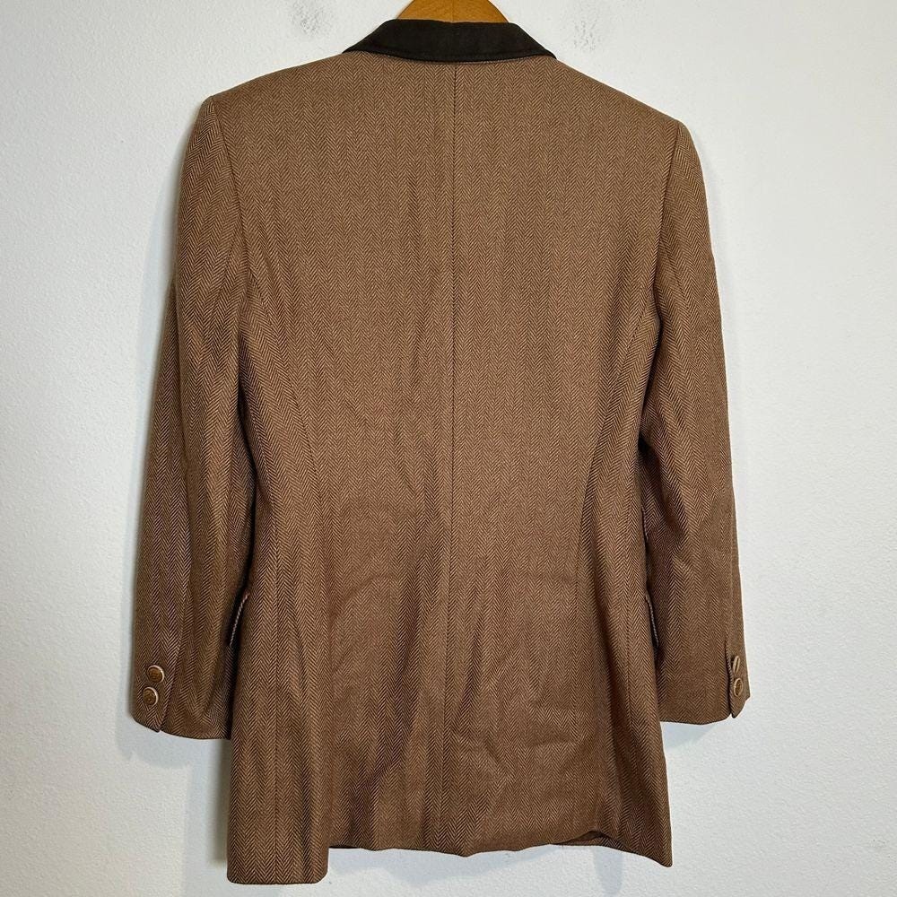 Escada Cashmere Silk Brown Herringbone Blazer Gold Button Suede Vintage Sz 34 S