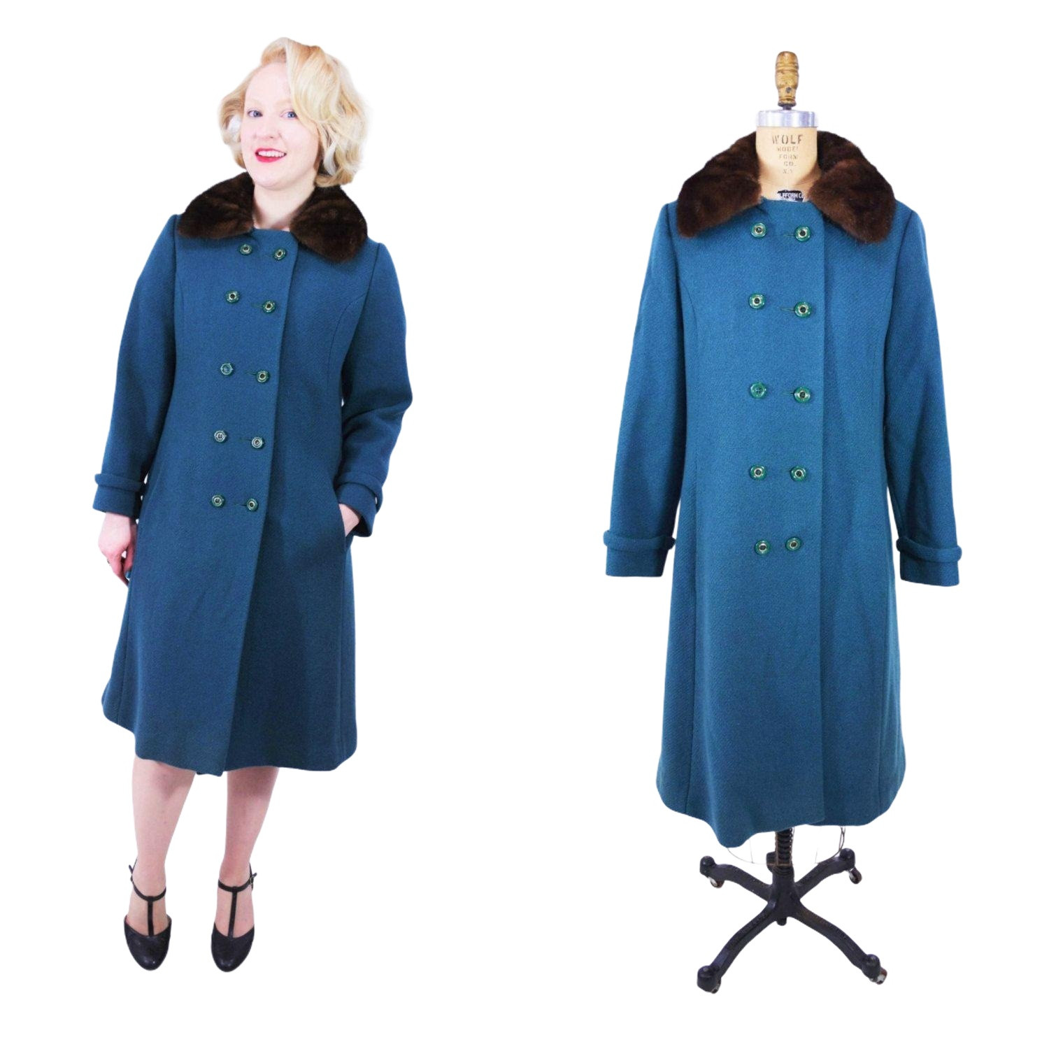 Vintage 1960s Teal Coat Wool Fur Collar Overcoat Bromleigh B 40″