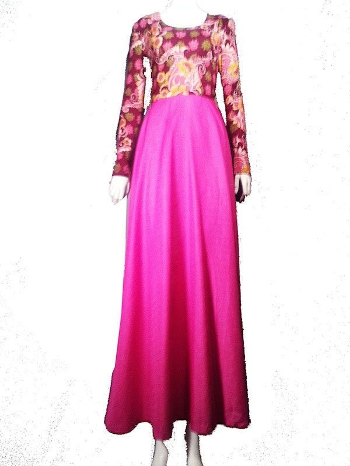 Vintage 70s boho mod floral maxi hot pink skirt boho gown party hostess dress xs