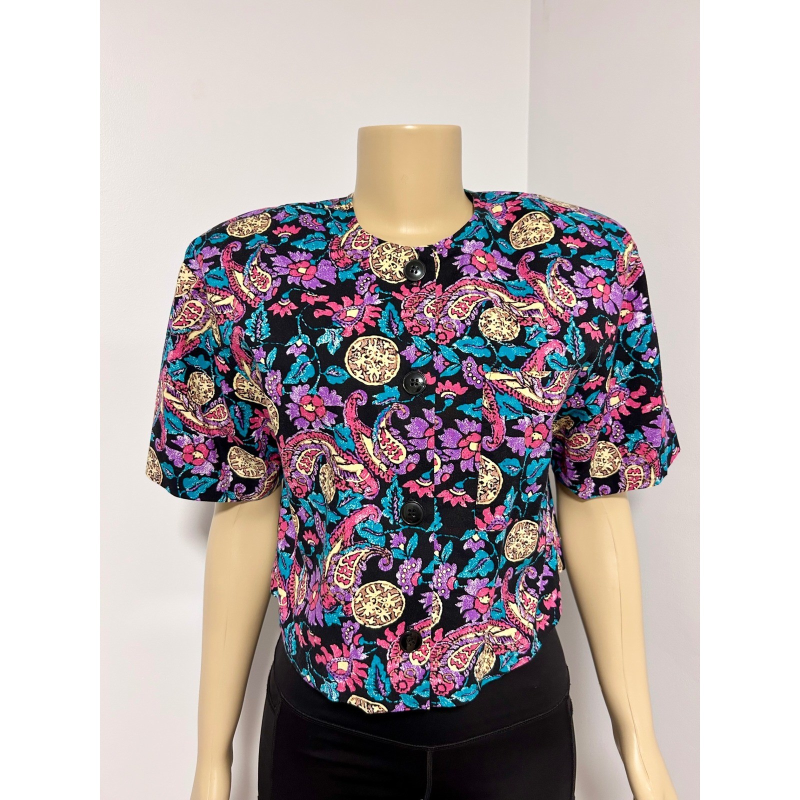 Craig Clothing Co Vintage 90s Paisley Floral Button Front Crop Top Medium Petite