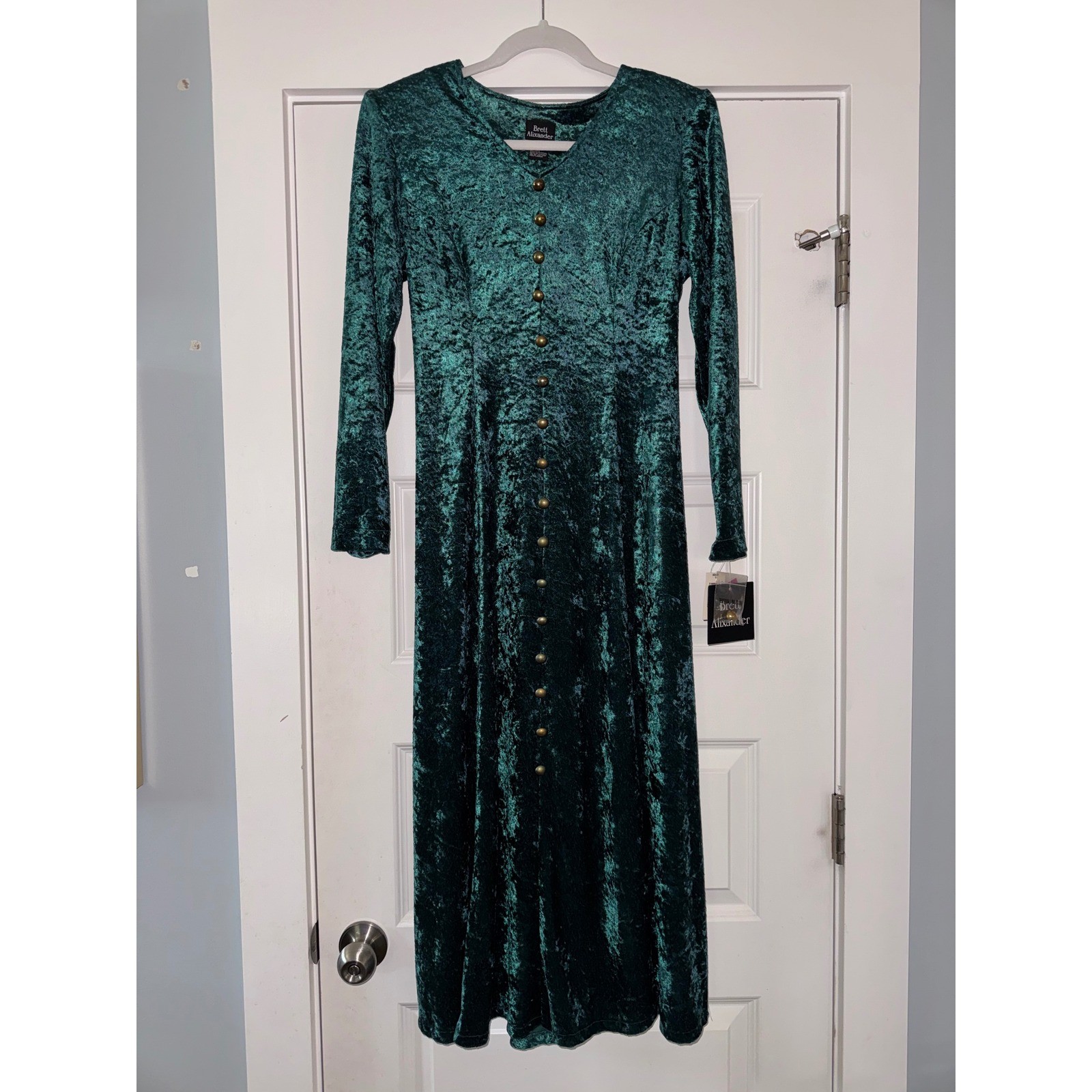 Vintage 90s Brett Alixander Emerald Green Crushed Velvet Maxi Dress NWT Size 8