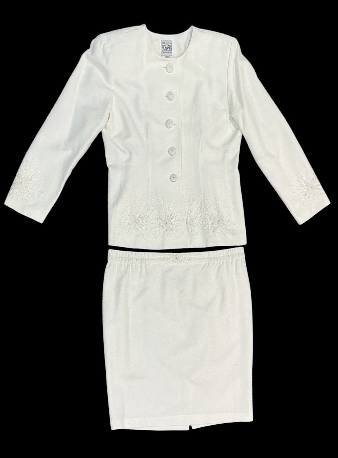 R & M Richards by Karen Kwong 10P White Beaded Two Piece Skirt Suit Set Jacket &