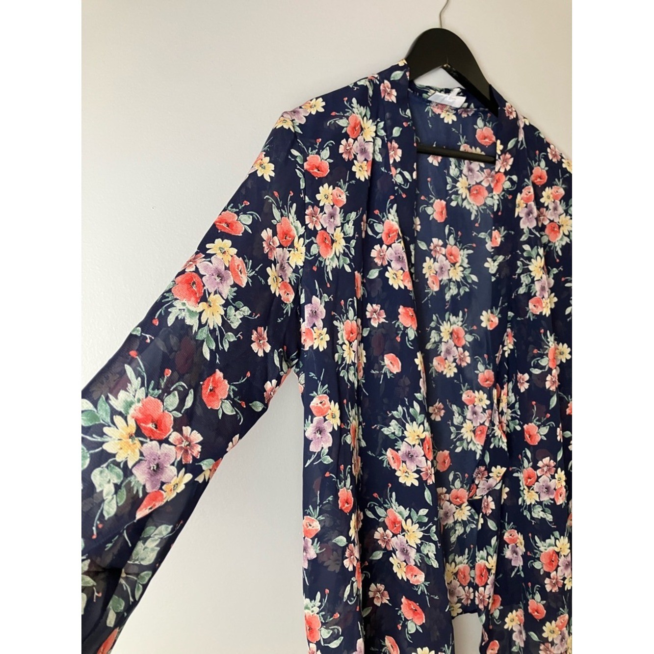 Vintage Navy Floral Sheer Kimono Open Cardigan Cottagecore Romantic Size Medium