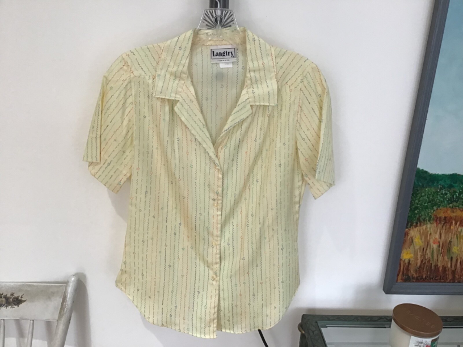 Vintage 70’s LANGTRY Polyester Lemon Chiffon Blouse w/ Stars & ZigZags Size 9/10