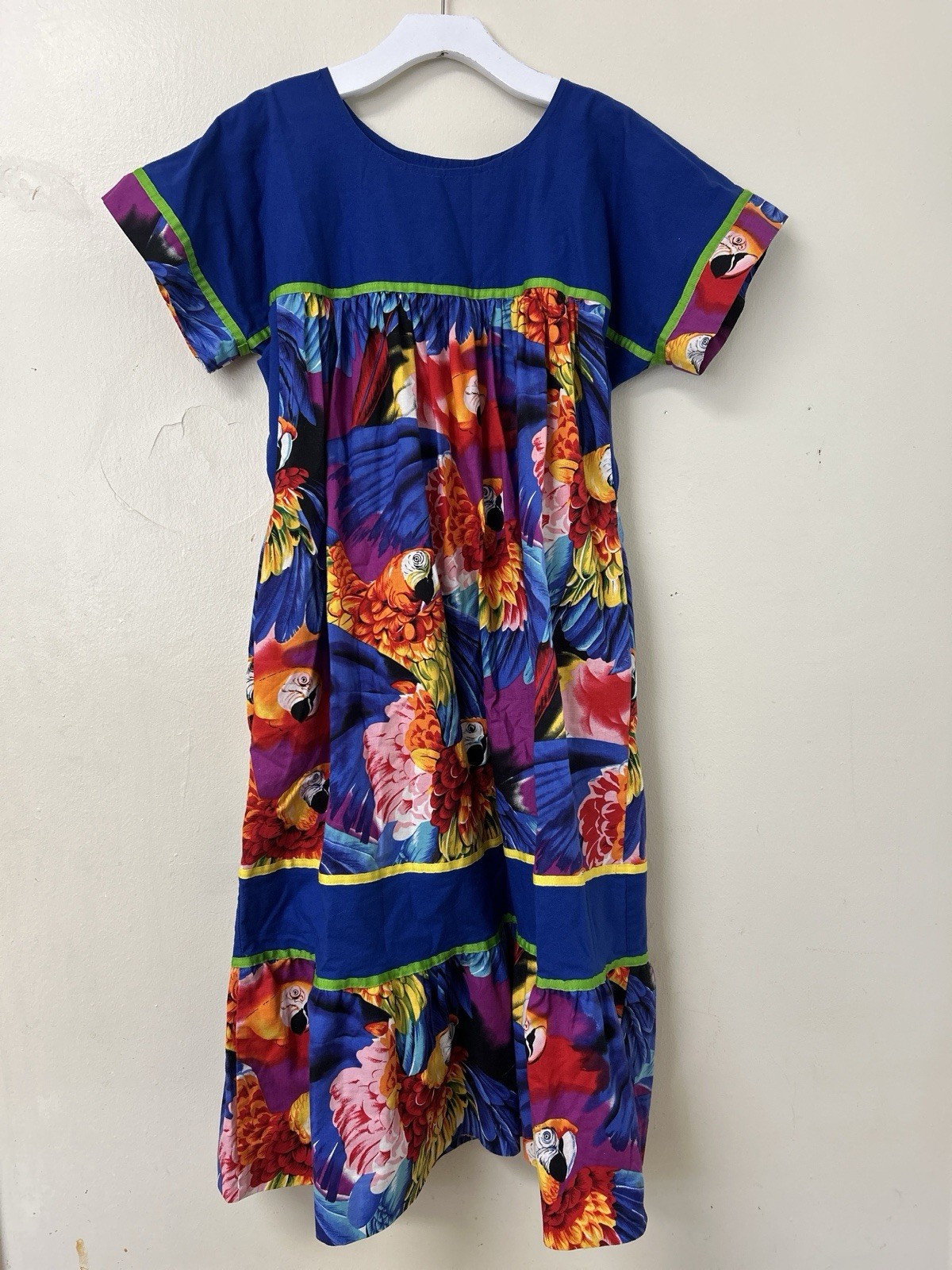 Blue Red Parrot Print MuMu Kaftan Dress Tiki Bird Medium