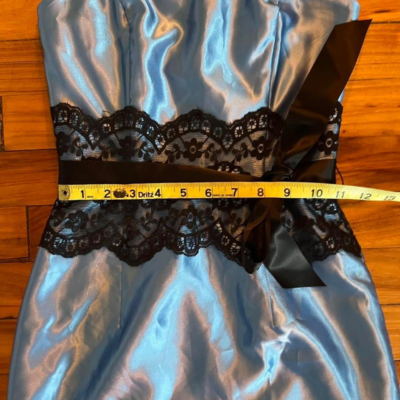 Vintage y2k Gunne Sax Baby Blue Satin Strapless Mini Dress Black Lace Size 1