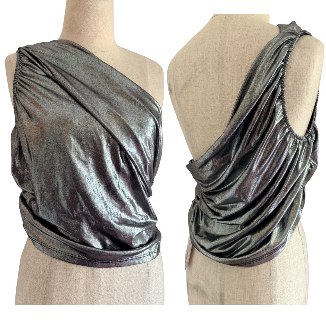 VTG WearEver Top One Shoulder Going Out Top Metallic Silver Lame Slinky Crop Y2K