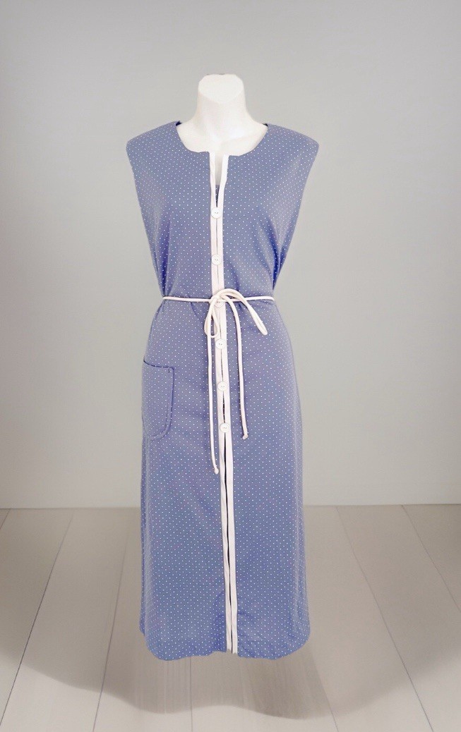 Vintage Dress L/XL Periwinkle Polka Dot Sleeveless Pocket Tie Belt Button Accent